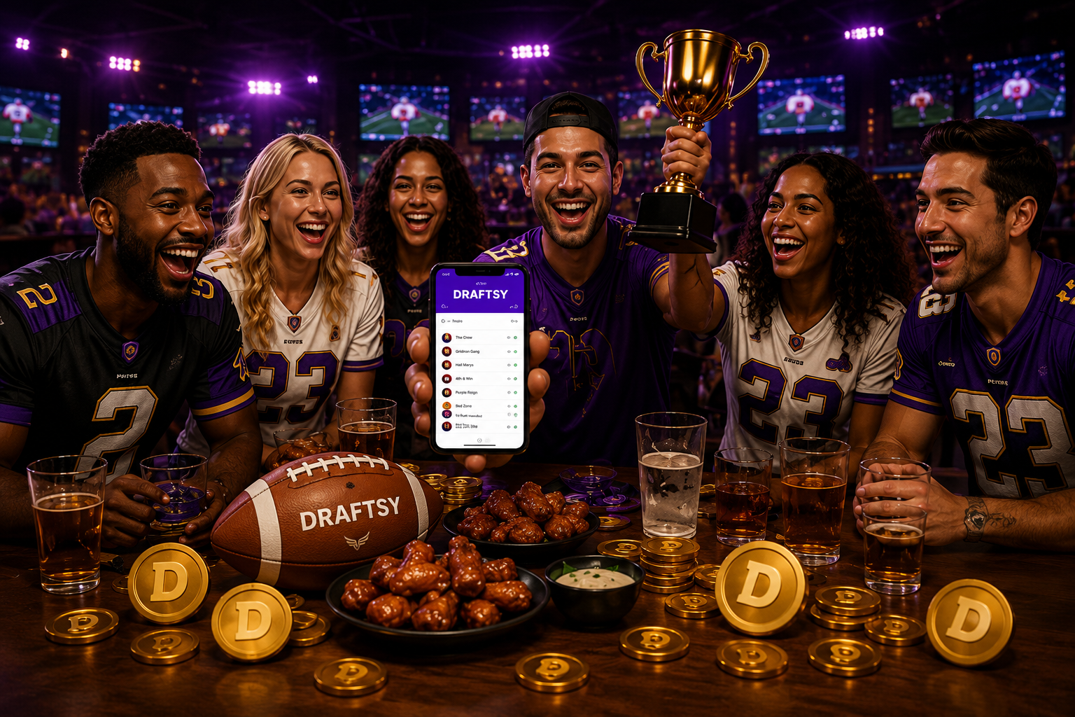 Diverse group of Draftsy players celebrating their league with a trophy and rewards