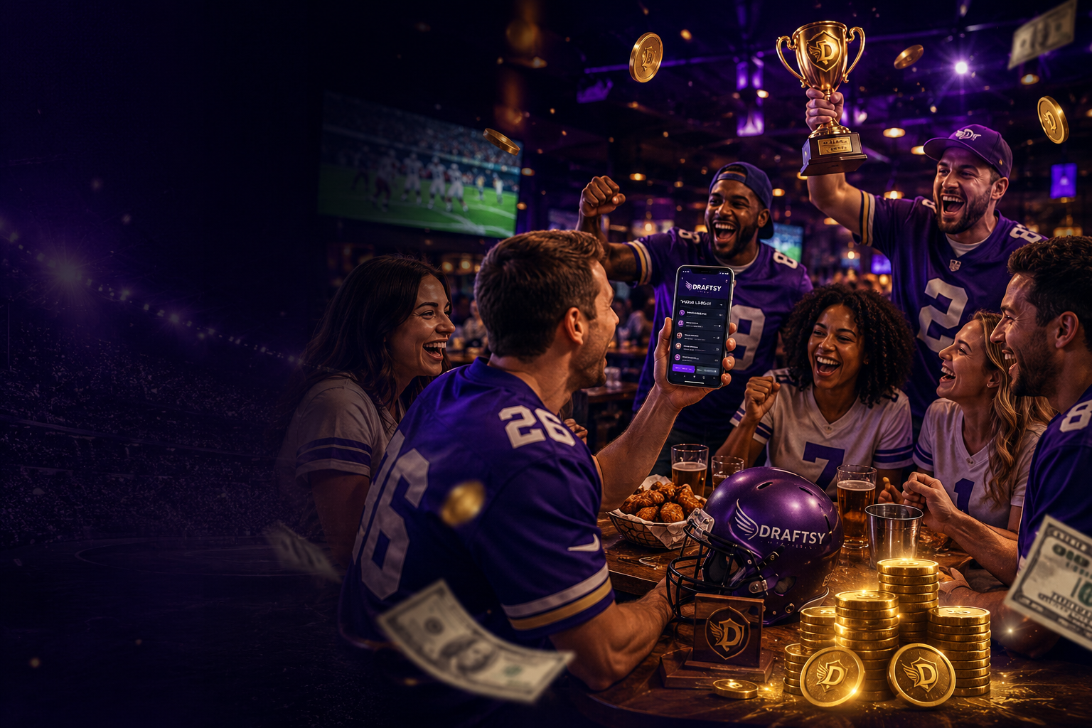 Draftsy commissioner holding a phone while friends celebrate with a trophy and CommishCash reward coins