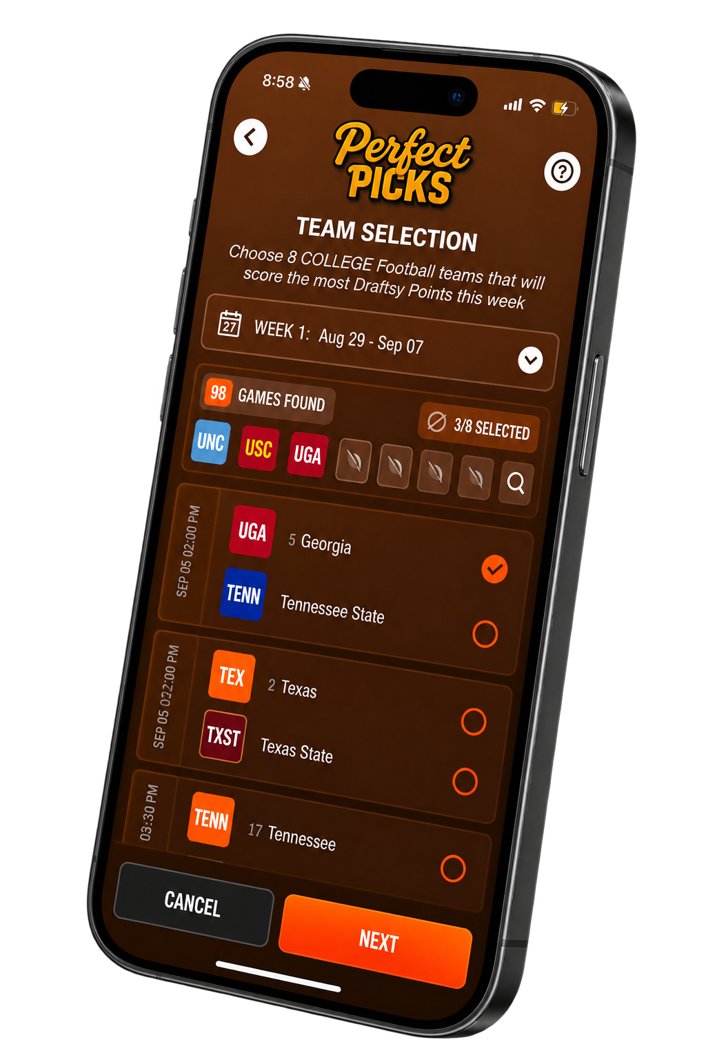 Perfect Picks Mega Game team selection screen in the Draftsy app