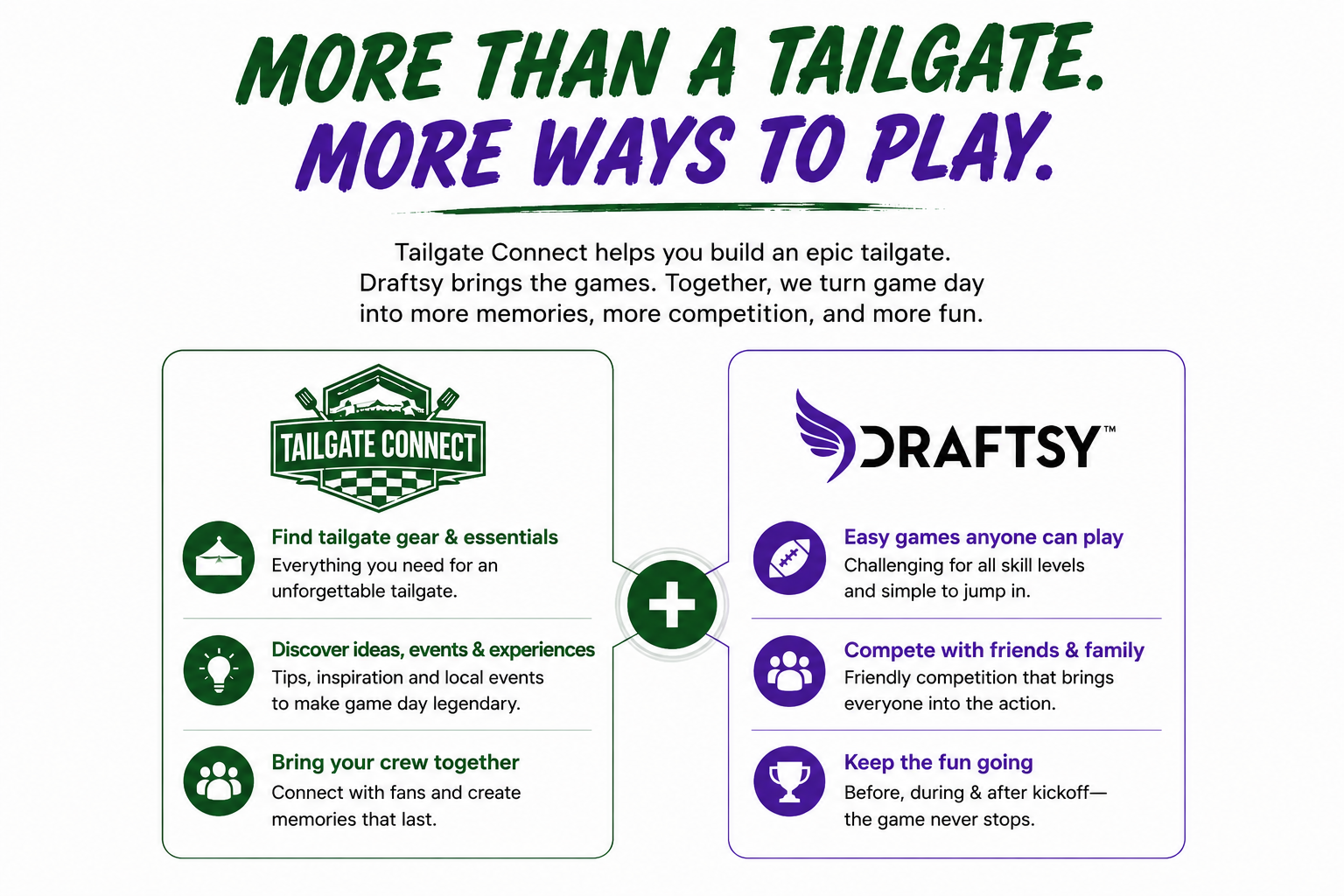 More than a tailgate. More ways to play. Tailgate Connect helps you build an epic tailgate, Draftsy brings the games. Tailgate Connect: find tailgate gear and essentials; discover ideas, events and experiences; bring your crew together. Draftsy: easy games anyone can play; compete with friends and family; keep the fun going before, during and after kickoff.